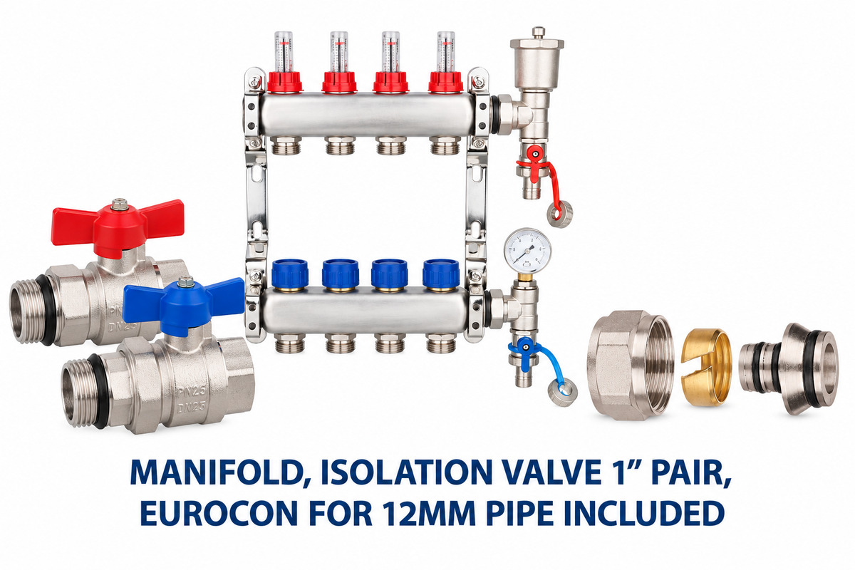 EDGE RANGE STAINLESS STEEL UFH MANIFOLD COMPLETE SET (FOR 12MM PIPE)