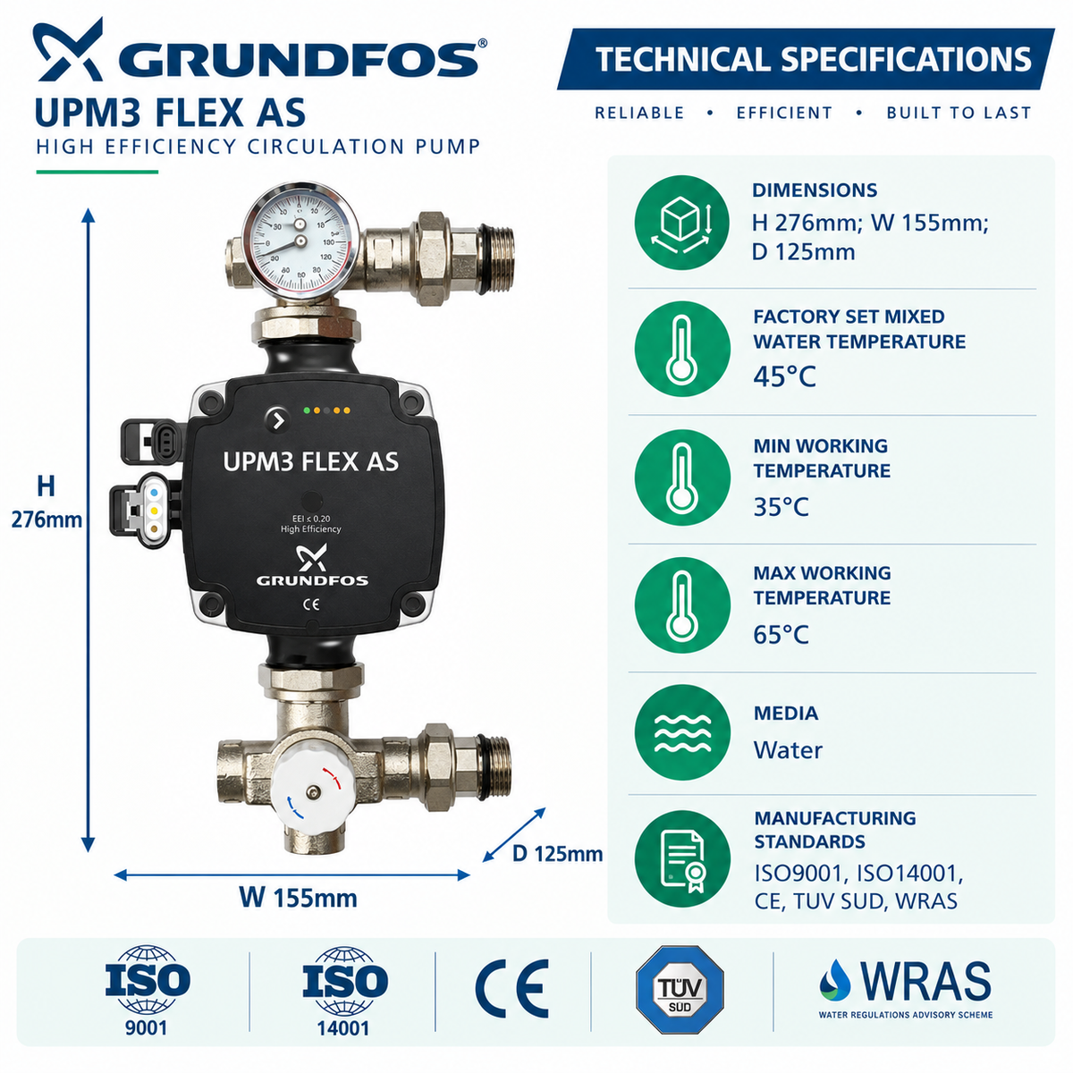 UNDERFLOOR HEATING BLENDING VALVE WITH GRUNDFOS UPM3 FLEX PUMP